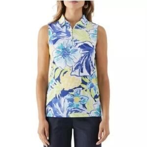 Rafaella Women's XS Soft Sleeveless 1/4 Zip Golf Polo Top Blue Tropical Hibiscus